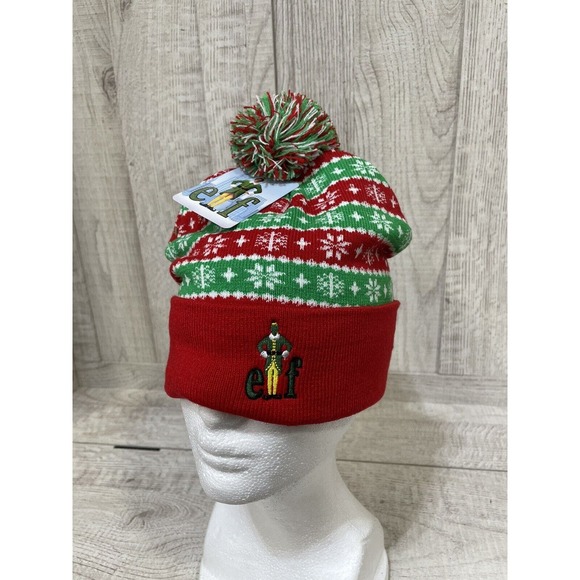 Buddy The Elf Themed Beanie Hat One Size Multi Color Pom Pom Rolled Bottom New - Picture 1 of 7